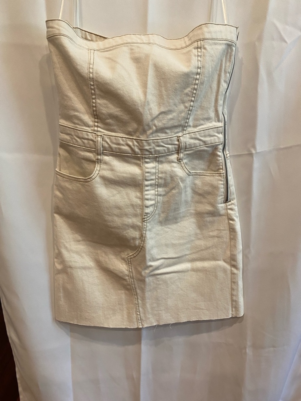 GB Cream Strapless Denim Mini Skirt with Raw Hemline